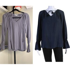 Ramy Brook Womens Satin Blue Tie Front V-Neck Long Sleeve Blouse Top